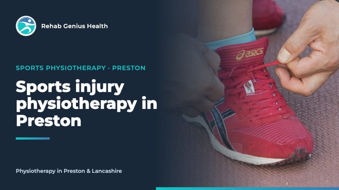 Running shoes on an athletics track, illustrating sports injury physiotherapy at Rehab Genius Health in Preston