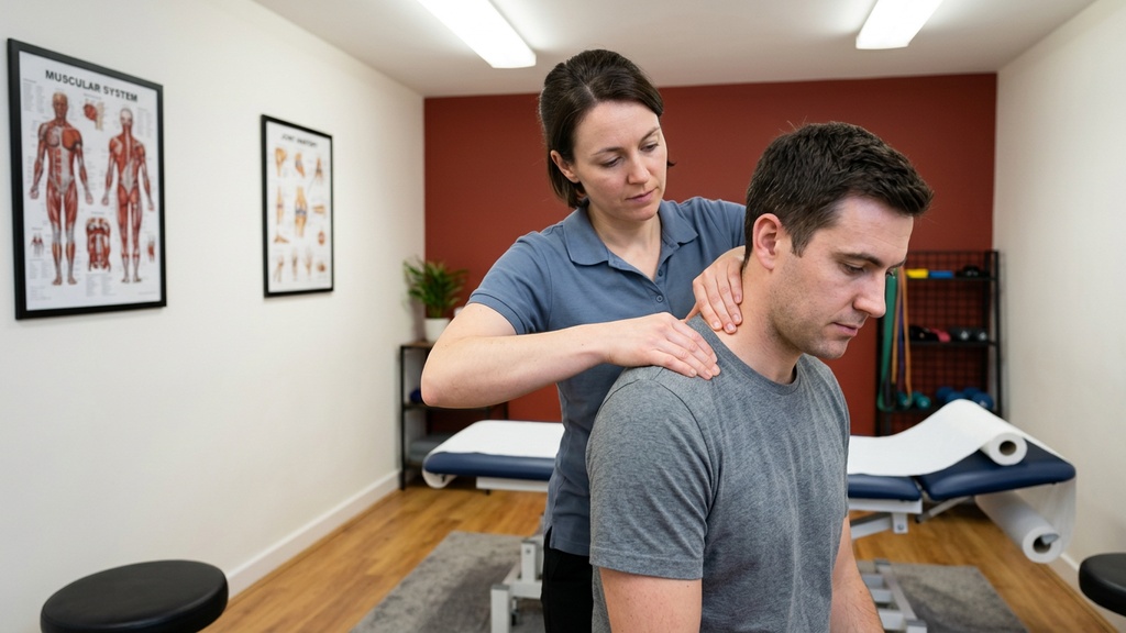 Physiotherapist treating a patient's shoulder and neck muscle tension at Rehab Genius Bolton