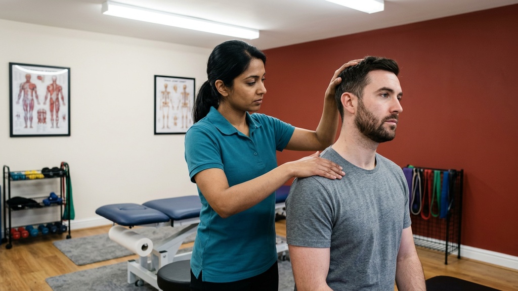 Physiotherapist assessing a patient's neck during a hands-on neck pain treatment session at Rehab Genius Bolton
